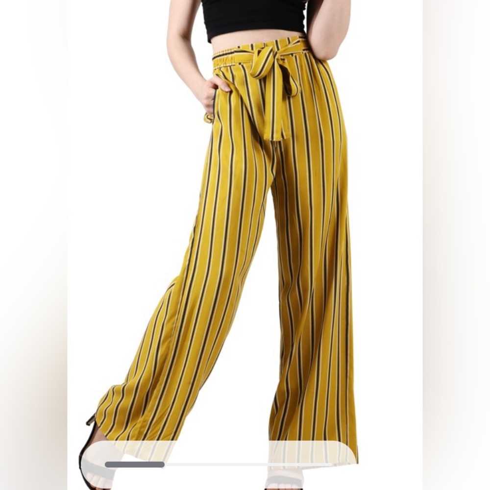 Ambiance Apparel gold/black wide leg palazzo pant Elastic waist Tie front Size M